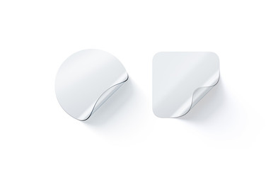 Blank transparent round and square adhesive stickers mock up with curved corner, 3d rendering....
