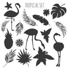 Grey tropical plants and flamingos silhouettes templates