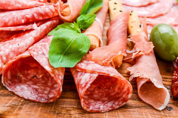 Meat plate with salami sausage, chorizo, parma