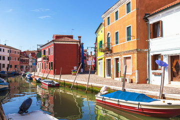 Bright colorful houses on Burano island on the edge of the Venetian lagoon. Venice, Italy