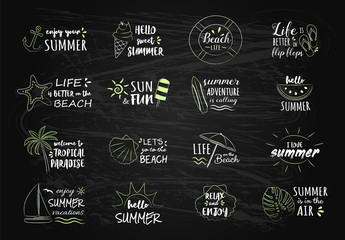 Summer icons with text on blackboard - funny sketch. Vector.