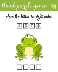 Words puzzle game with cartoon frog. Place the letters in right order. Learning vocabulary. Educational game for children