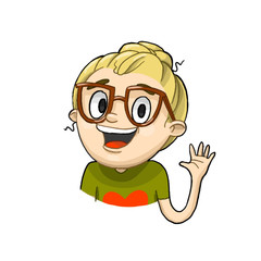 Cute happy cartoon girl smiling and greeting. Vector hand drawn character waving hand.