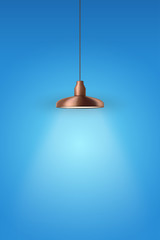 Vintage Copper pendant cone lamp on blue painting wall. Original Retro design. Hang ceiling model. Vector illustration