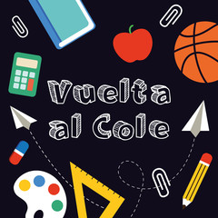 Back to School banner written in Spanish, vector illustration.