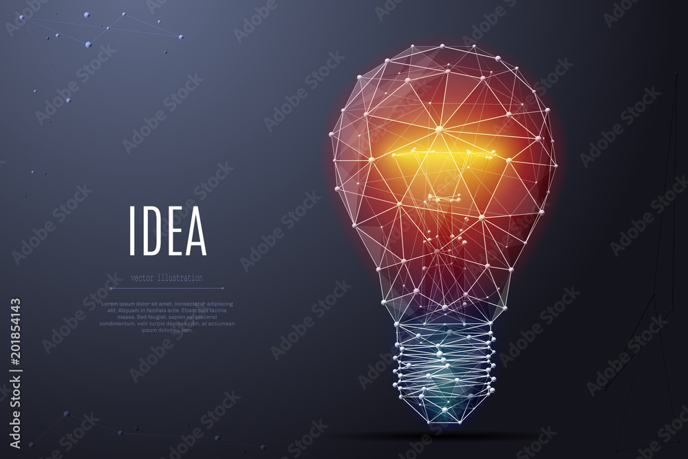 Poster Vector Incandescent lamp with bright light. Low poly wireframe and points. Polygonal 3D white bright warm light on dark background. Idea with geometry triangle. Abstract lamp bulb mash line origami