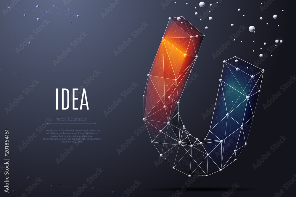Poster Vector isolated colorful magnet. Low poly wireframe and points. Polygonal 3D white attraction concept on dark background. loadstone with geometry triangle. Abstract business mash line origami