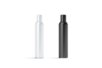Blank white and black closed hairspray bottle mockup, 3d rendering. Empty deodorant mock up isolated. Clear stainless container template
