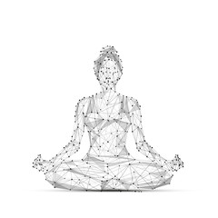 Abstract mash line and point. A woman yogi sits in a lotus pose. origami on white background. Starry sky or space, consisting of stars and the universe. Vector yoga illustration