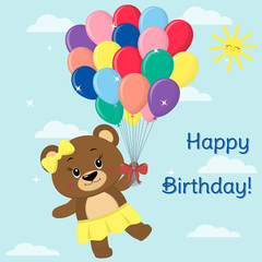 A cute brown bear with an yellow bow and a skirt, flying on balloons in the sky, in a cartoon style. Happy Birthday. Vector, flat design.