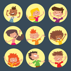 Happy children in different positions big vector jumping cheerful child group and funny cartoon kids joyful team laughing little people characters.