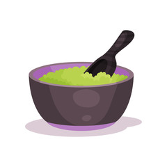 Stone mortar full of green leaves and pestle, spa symbol vector Illustration on a white background