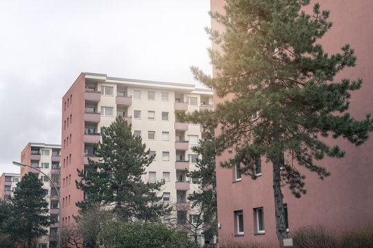 social housing in Berlin, red skyscrapers