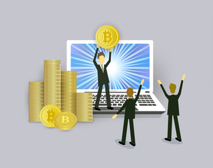 Bitcoin concept businessmen, open laptop and stacks of coins, vector illustration isolated on white background. Businessman standing on stack of coins with bitcoin in hands on open laptop