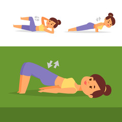Woman home workout vector exercising at home fitness character training coaching healthy living and diet concept illustration.