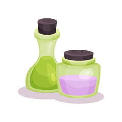 Bottles of oils, cosmetic, perfumery and medical essential oils vector Illustration on a white background