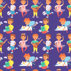 Children playing vector different types of home games little kids play summer outdoor active leisure childhood activity seamless pattern background.