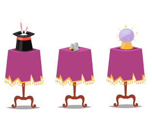 Magic effect trick vector table symbol magician tools and surprise entertainment magical fantasy carnival mystery cartoon miracle decoration illustration.