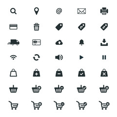 Web icon set vector. Shopping cart, basket and bag, credit card, shipping truck, print, email, wifi, cloud, location and more.