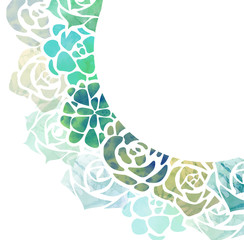 Half round frame of watercolor succulents with a top view on a white background. Vector template for invitation, greeting card and your creativity