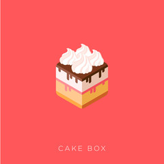 Cake box illustration. Bakes and delivery picture. Bakery and sweet cafe icon. A beautiful cake like box with chocolate, syrup, and cream.