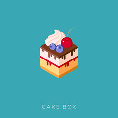 Cake box illustration. Bakes and delivery picture. Bakery and sweet cafe icon. A beautiful cake like box with chocolate, syrup, blueberry, cherry and cream.