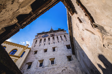 Famous Clock Tower in Sighisoara town in Romania