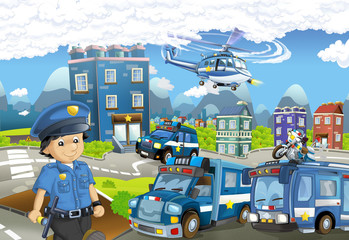 Cartoon stage with different machines for police duty and policeman - colorful and cheerful scene - illustration for children