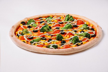 Pizza with vegetables isolated on white. Vegetarian pizza