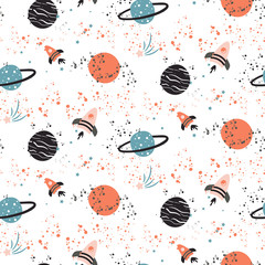 Seamless vector pattern with planets and spaceships.