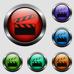 movie flap vector icon on color glass buttons