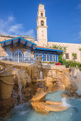 Zodiac fountain and Saint Peter's church in old town of Jaffa, Tel Aviv, Israel