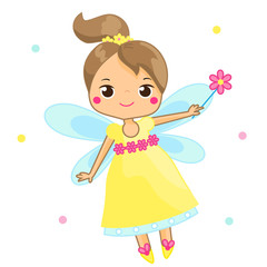 Cute fairy flapping magic wand. Cartoon little flying fairy, pixie, elf character
