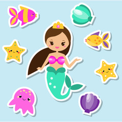 Mermaid stickers set. Fairy elements for scrapbook and kids design