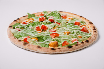 Pizza with chicken and salad isolated on white