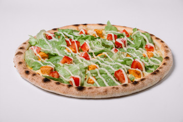 Pizza with chicken and salad isolated on white