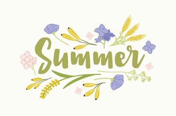 Summer word written with elegant cursive font and surrounded by beautiful blooming flowers, ears or spikes of cereal plants. Seasonal inscription isolated on white background. Vector illustration.