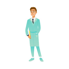 Young man in medical uniform and glasses standing with documents and smiling. Handsome friendly doctor or male nurse cartoon character. Isolated vector illustration.