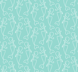 Seamless pattern made of linear mermaids on teal background