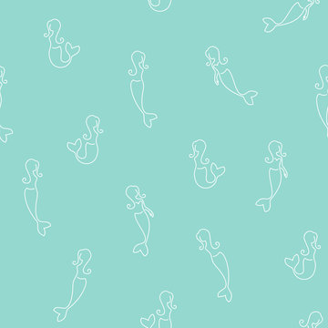 Seamless pattern made of linear mermaids on teal background