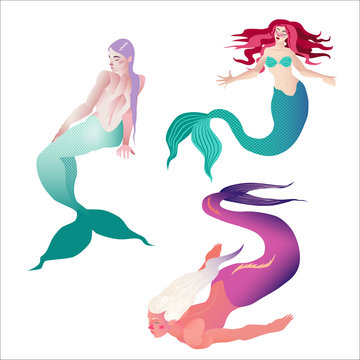 Mermaids isolated on white background. Vector illustration. Group of cutout objects. Fantastic creatures.