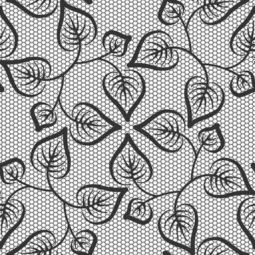 Seamless black leaves lace pattern on white background