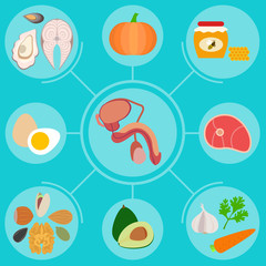 Infographics with foods helpful for male reproductive system health