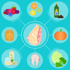 Infographics with foods helpful for female breast, mammary gland health