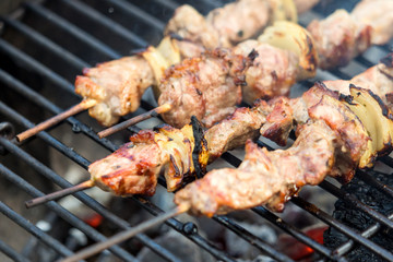 Delicious meat skewers on the hot grill