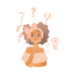 Young cute caucasian woman with bow in hair thinking. Beautiful character standing thoughtful pose holding chin thinking with questions above head portrait. Isolated vector illustration