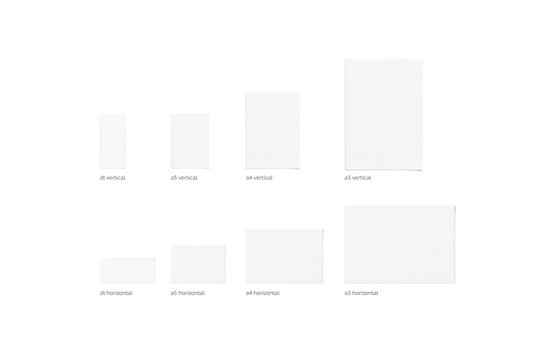 BLank white vertical and horizontal different size flyers, isolated, 3d rendering. Clear empty brochures mockups set top view. Book cover and flier inside, copy space.