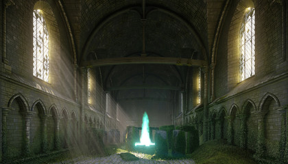 3D illustration of a fantasy source of strength and eternal energy in an ancient abandoned temple   © kolbass