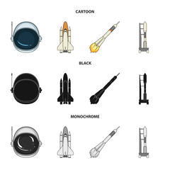 A spaceship in space, a cargo shuttle, A launch pad, an astronaut helmet. Space technology set collection icons in cartoon,black,monochrome style vector symbol stock illustration web. © pandavector