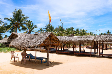 Close-up palms leafs straw parasol with national flag on the Indian ocean beach. Blue sky and green palms in Hikkaduwa, Sri - Lanka.